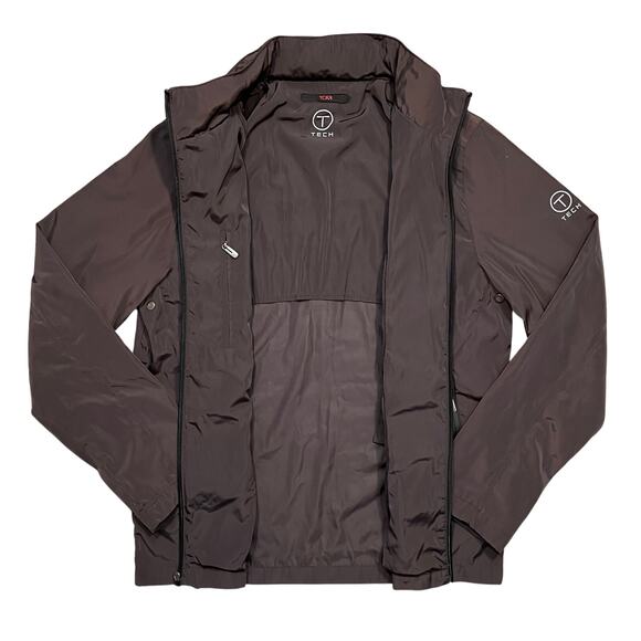 TECH by Tumi Brown Full-Zip Waterproof Hidden Hood Packable Jacket Mens Small - Picture 8 of 14